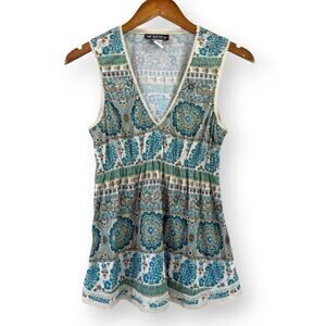 Self Esteem Vintage Y2K Fairycore Babydoll Top Blue Geometric Paisley V-Neck XL